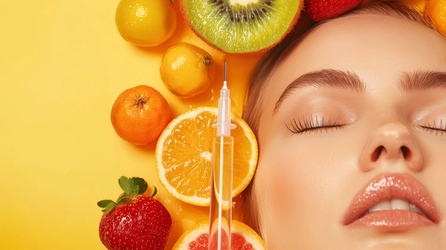 IV-Vitamintherapie Nahaufnahme des Gesichts einer Frau, umgeben von frischen Früchten wie Kiwi, Erdbeere und Orange, die natürliche Schönheit und Hautpflege symbolisieren.