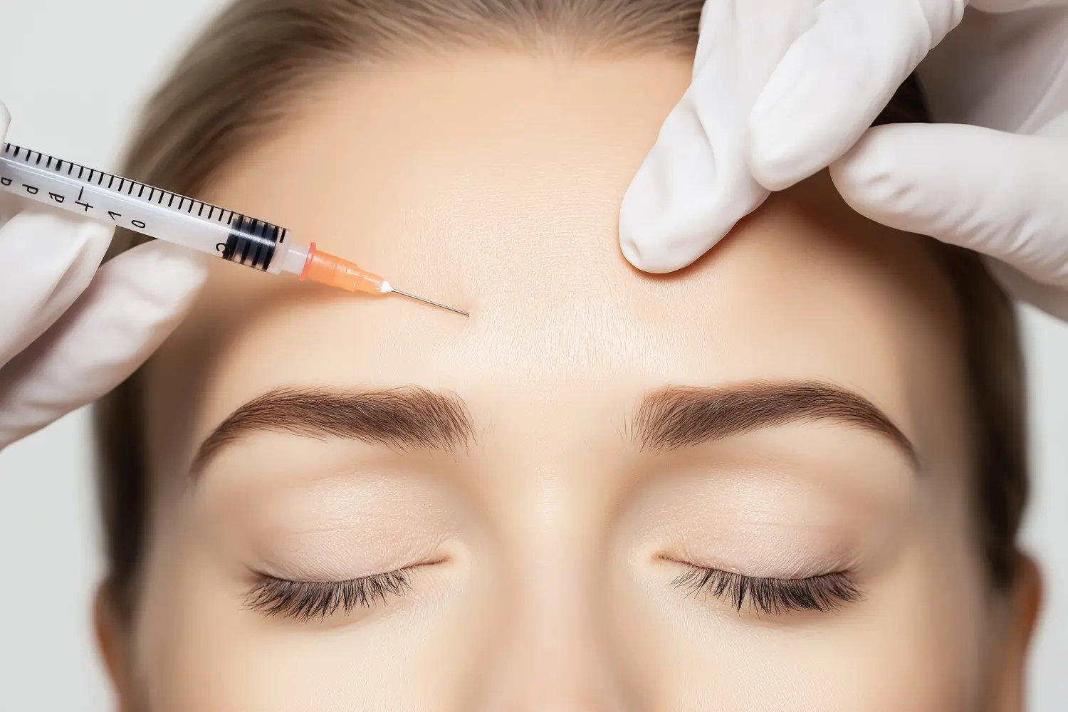 Botox oder kosmetische Injektion auf die Stirn einer Frau zur Faltenbehandlung, professionelles Hautpflegeverfahren in der Klinik für Anti-Aging- und Gesichtsverjüngungszwecke